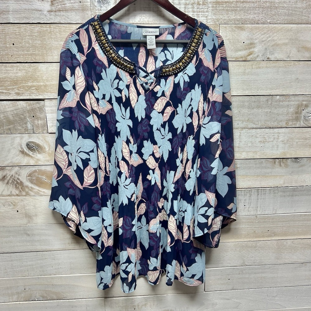 Catherines Top Womens 3X 26/28W Blue Floral Embellished 3/4 Sleeve Tunic Blouse